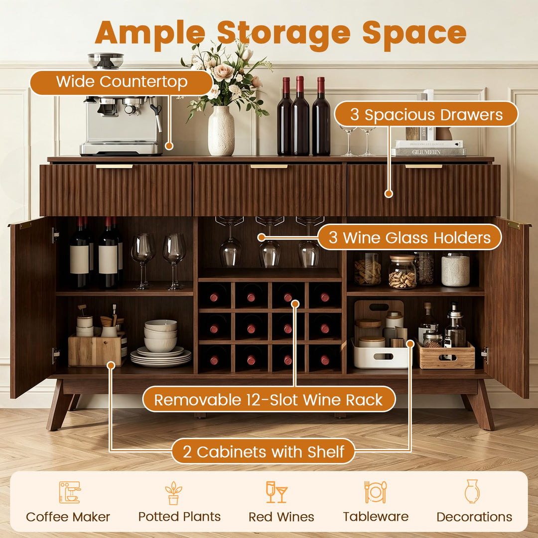 GIANTEX 60" Fluted Wine Bar Cabinet with 3 Stoarge Drawers &amp; Wine Rack Adjustable Shelves