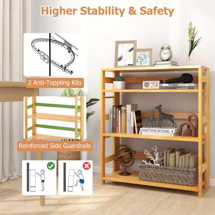 Giantex 4-Tier Bookshelf, 34.5" Floor Storage Shelf w/Rubber Wood Frame, Anti-Toppling Kits, Side Fences