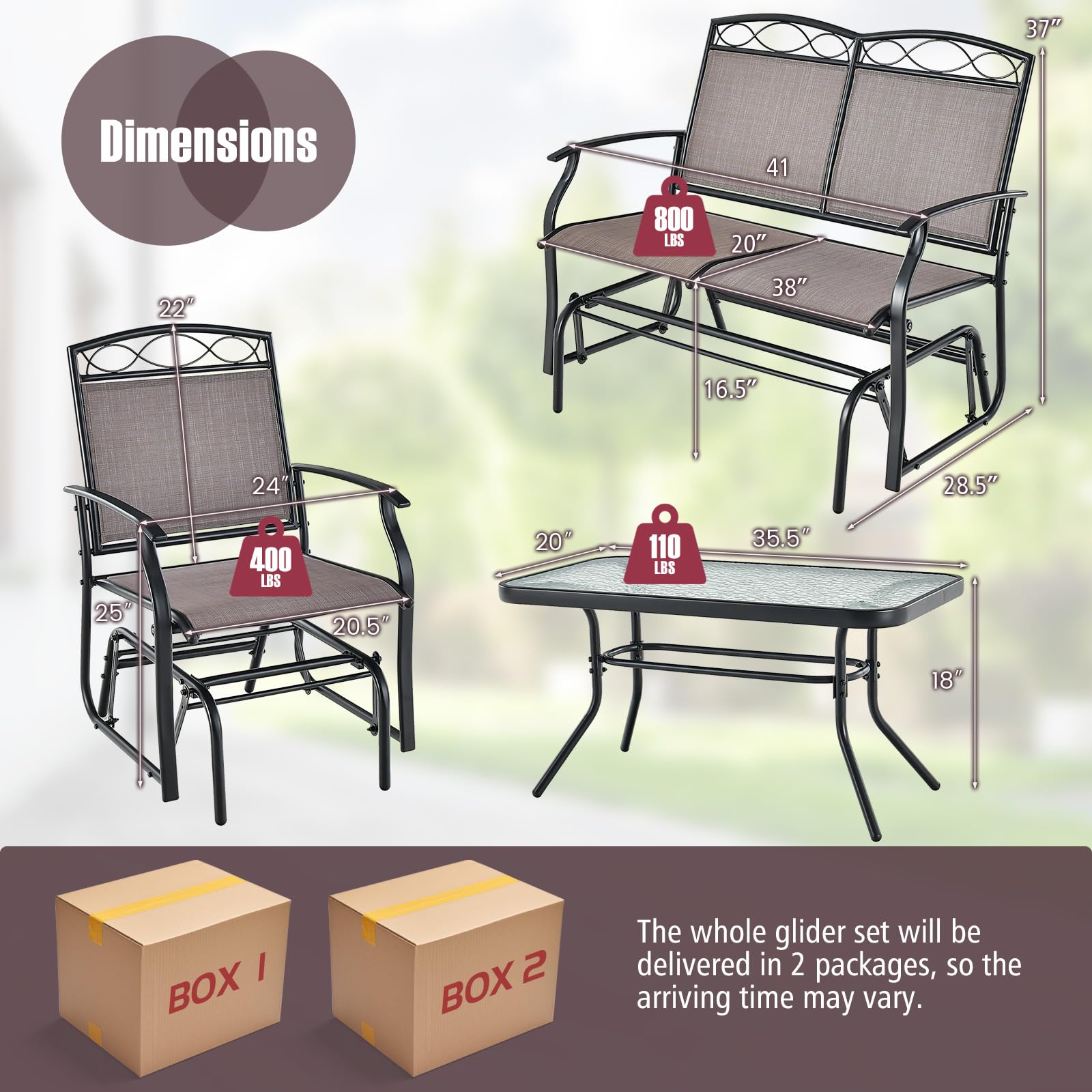 Giantex 4 or 2 PCS Outdoor Glider Chairs Set - Patio Furniture Set with Tempered Glass Table (4 PCS, Brown)