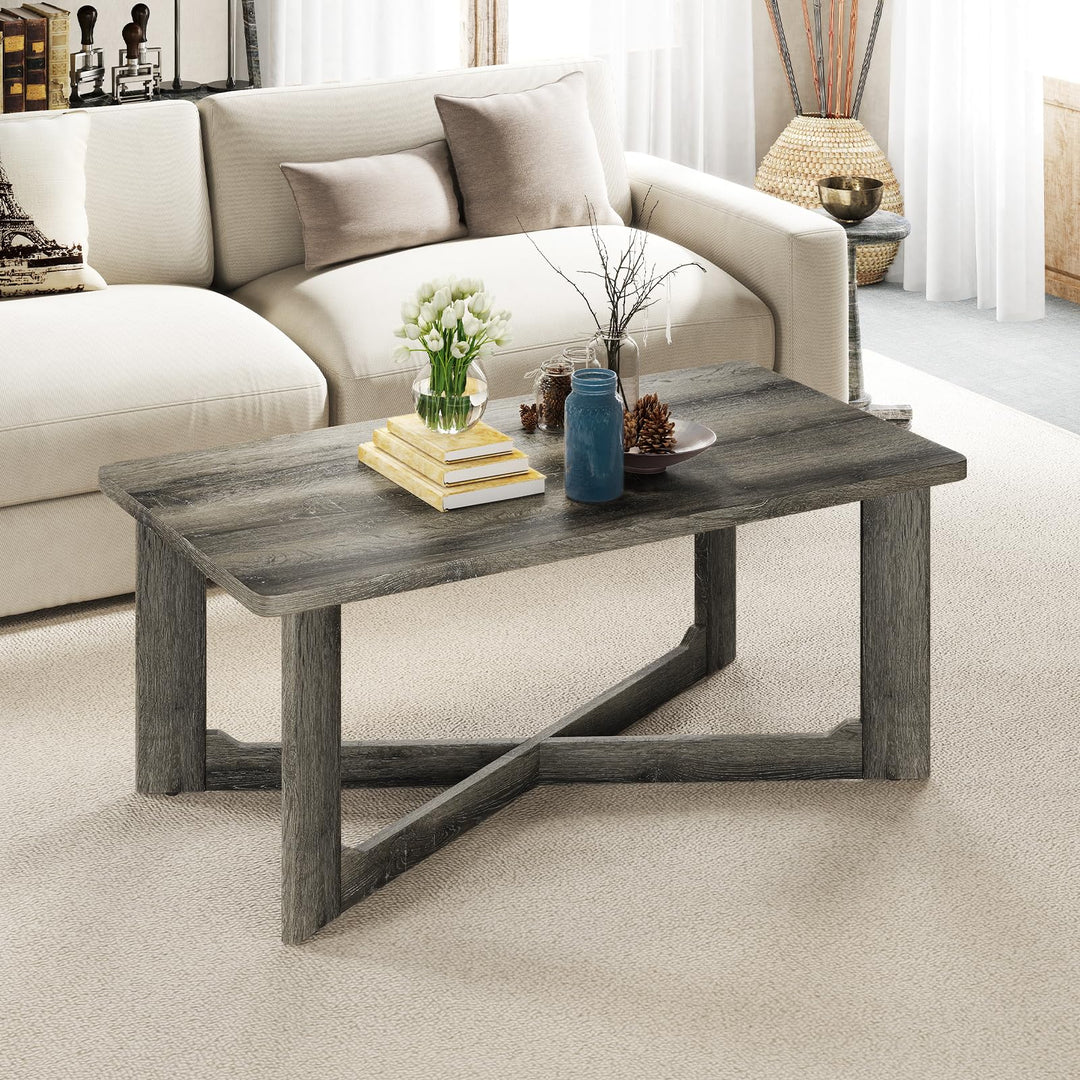Giantex Farmhouse Wood Coffee Table Rectangle Center Table with X-Shaped Base & Rubber Wood Frame