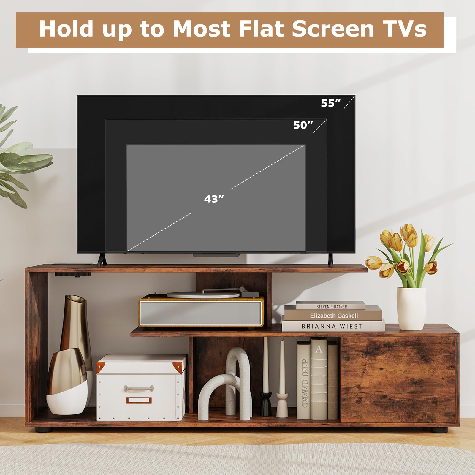 Giantex TV Stand with Power Outlet for TVs up to 55 Inch, Entertainment Center with Storage Cabinet & Open Shelves