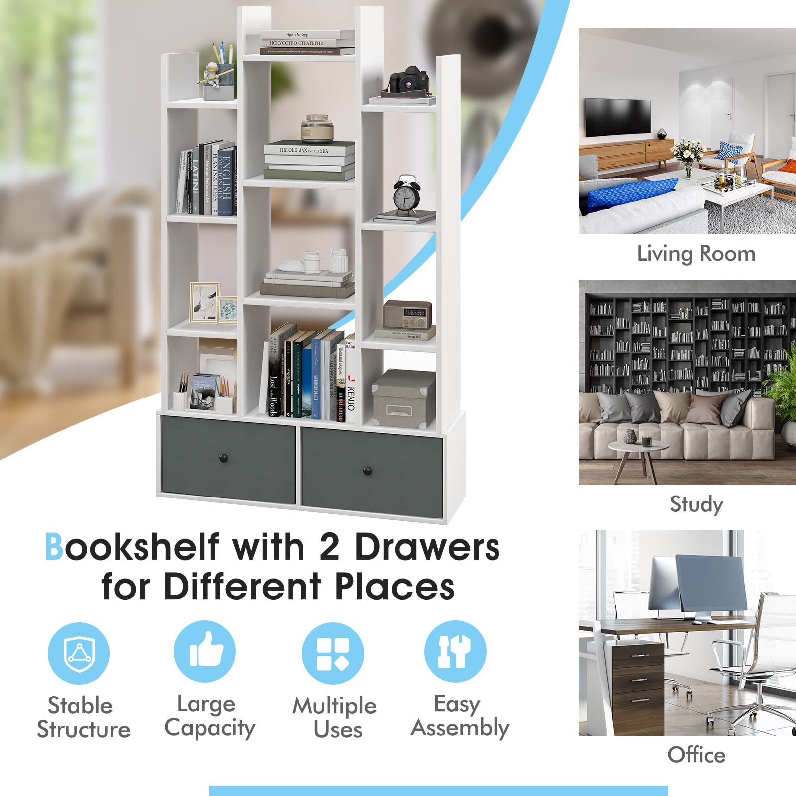  9-Cube Bookcase with 2 Drawers - Giantex