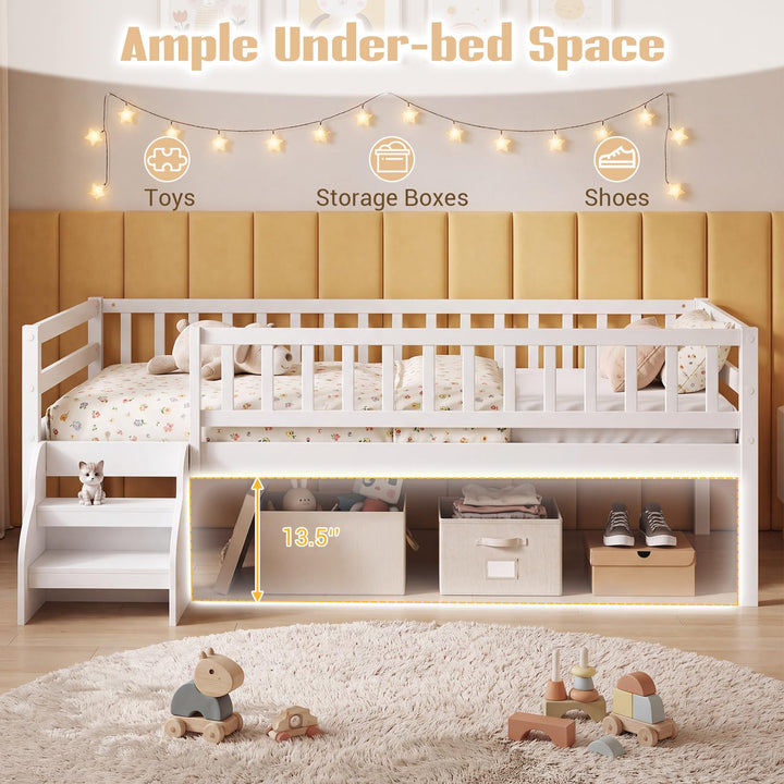 GIANTEX Low Profile Twin Size Bed Frame with Stairs &amp; Safety Guardrails