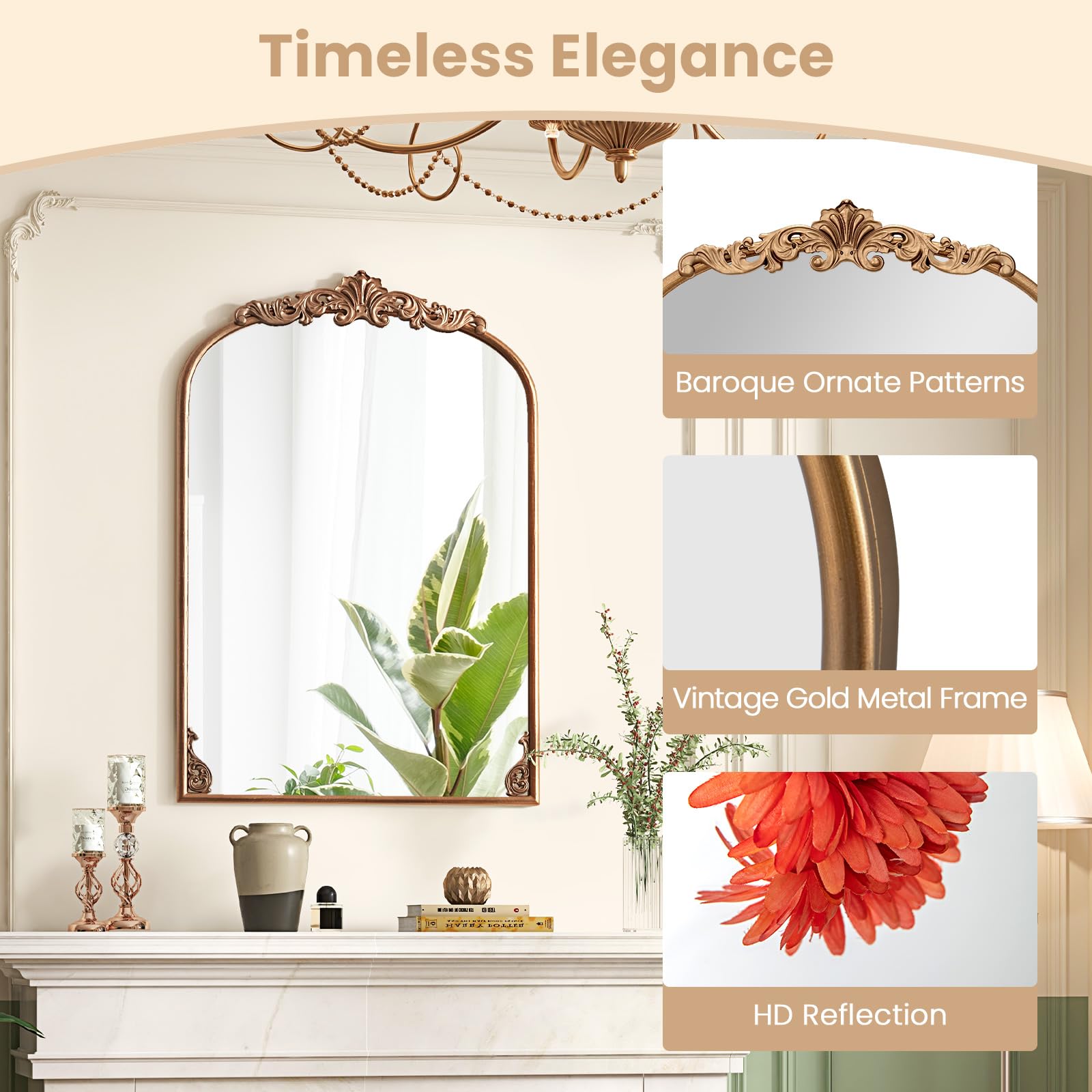 CHARMAID Arched Mirror, Gold Antique Mirror, Vintage Ornate Baroque Mirror with Metal Frame