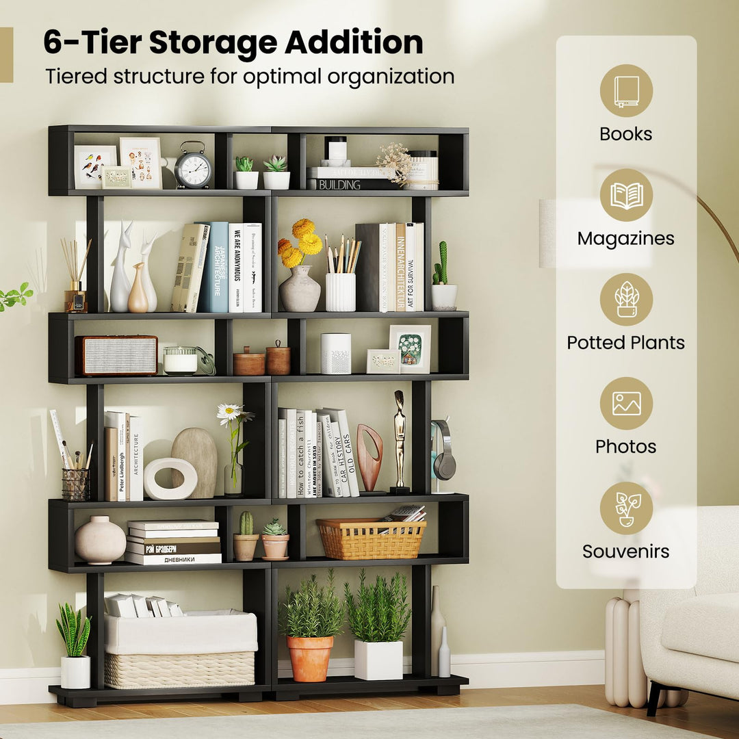 Giantex 6-Tier Geometric Bookcase Set of 1/2 64" Tall S-Shaped Bookshelf