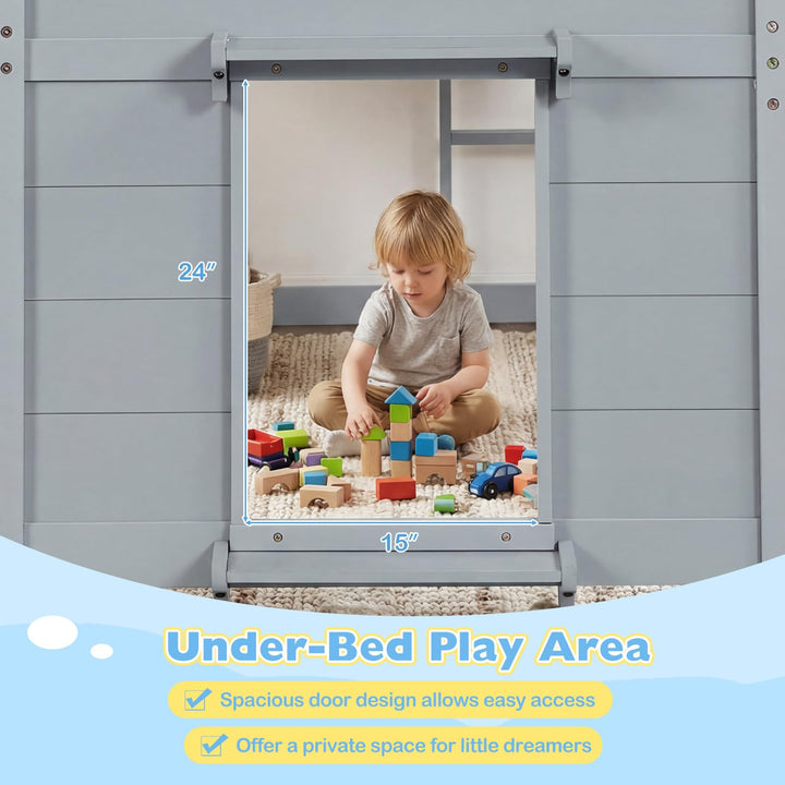 Giantex Wooden Low Kids Loft Bed with  LED Lights and 2 Doors