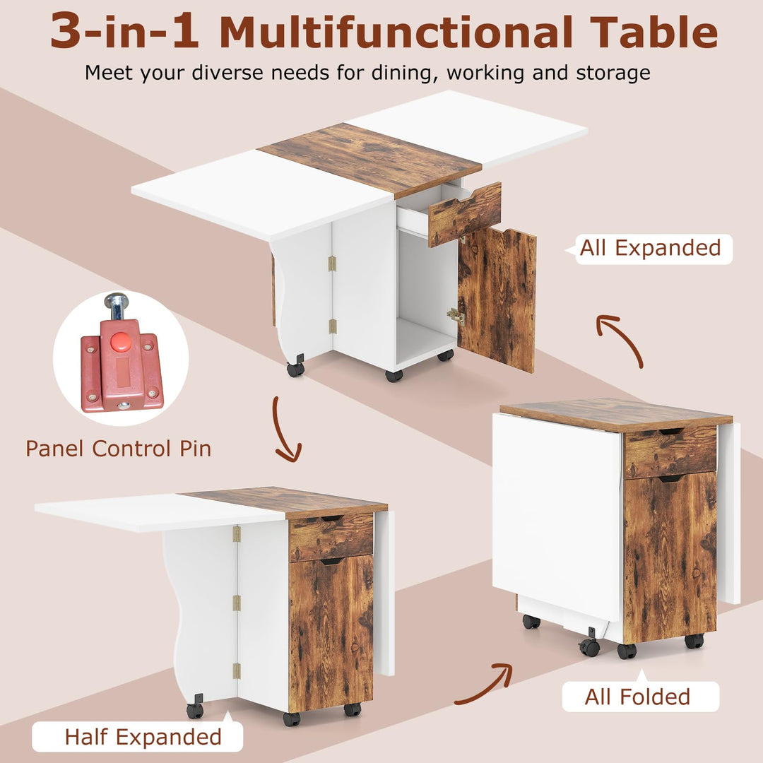 Giantex Folding Dining Table 3-in-1 Space-Saving Drop Leaf Kitchen Table with Lockable Wheels