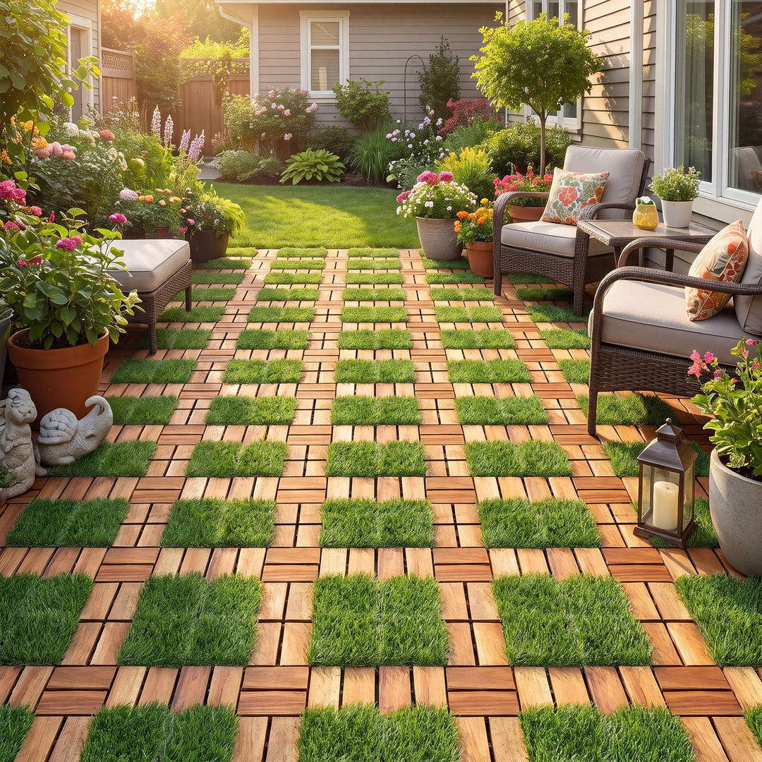 GIANTEX 30 PCS Interlocking Acacia Wood &amp; Artificial Grass Deck Tiles with Drainage Base