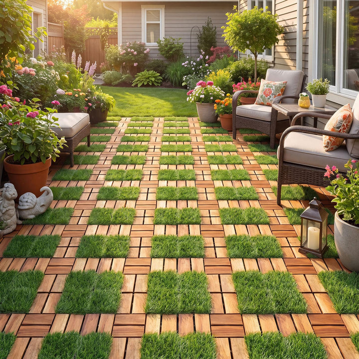 GIANTEX 30 PCS Interlocking Acacia Wood &amp; Artificial Grass Deck Tiles with Drainage Base