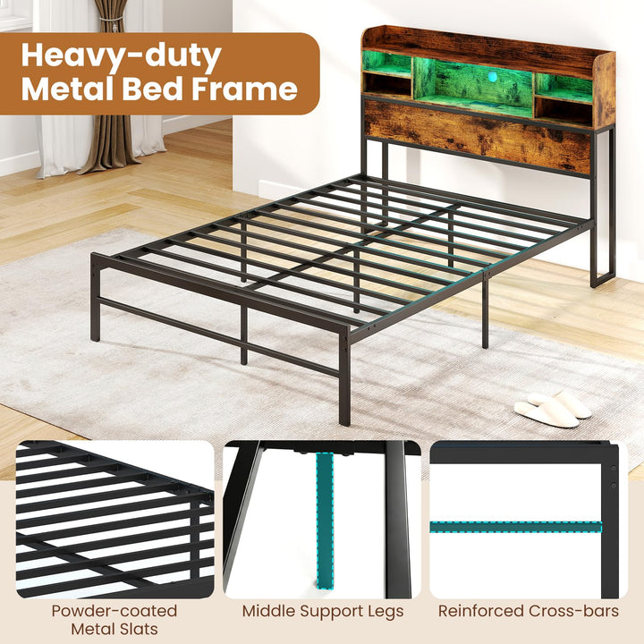 Giantex Full Size Industrial Metal Bed Frame with LED Lights &amp; Charging Station