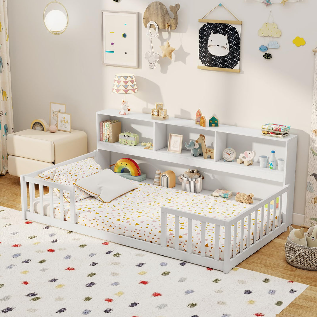 Giantex Wooden Montessori Bed Frame with Bookcase