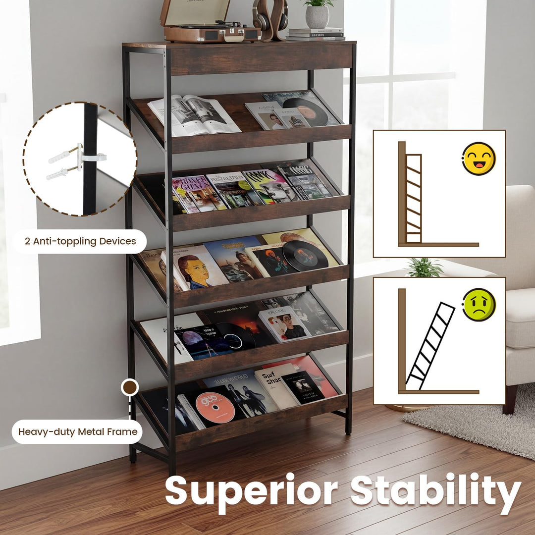 Giantex 6-Tier Industrial Tall Bookcase with Angled Shelves and Metal Frame