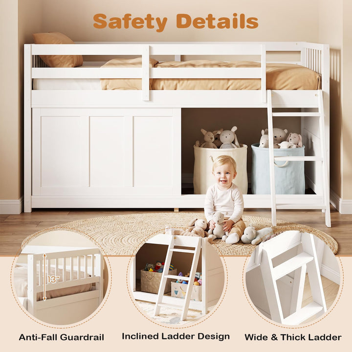 GIANTEX Wooden Low Loft Bed Twin Size with Sliding Door