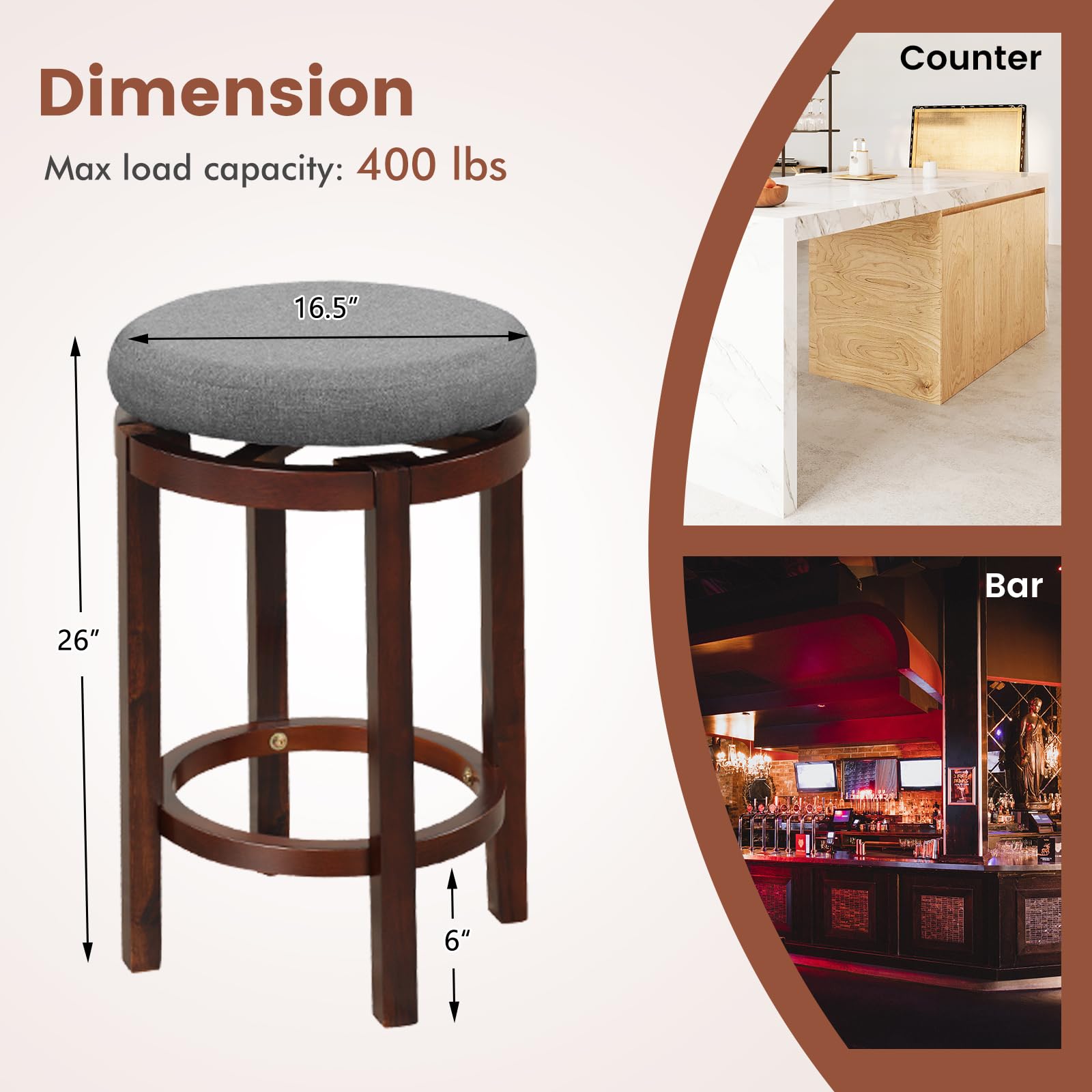 Giantex Counter Height Stool Set of 2, 26 Inch Swivel Bar Stool with Padded Cushion & Rubber Wood Legs