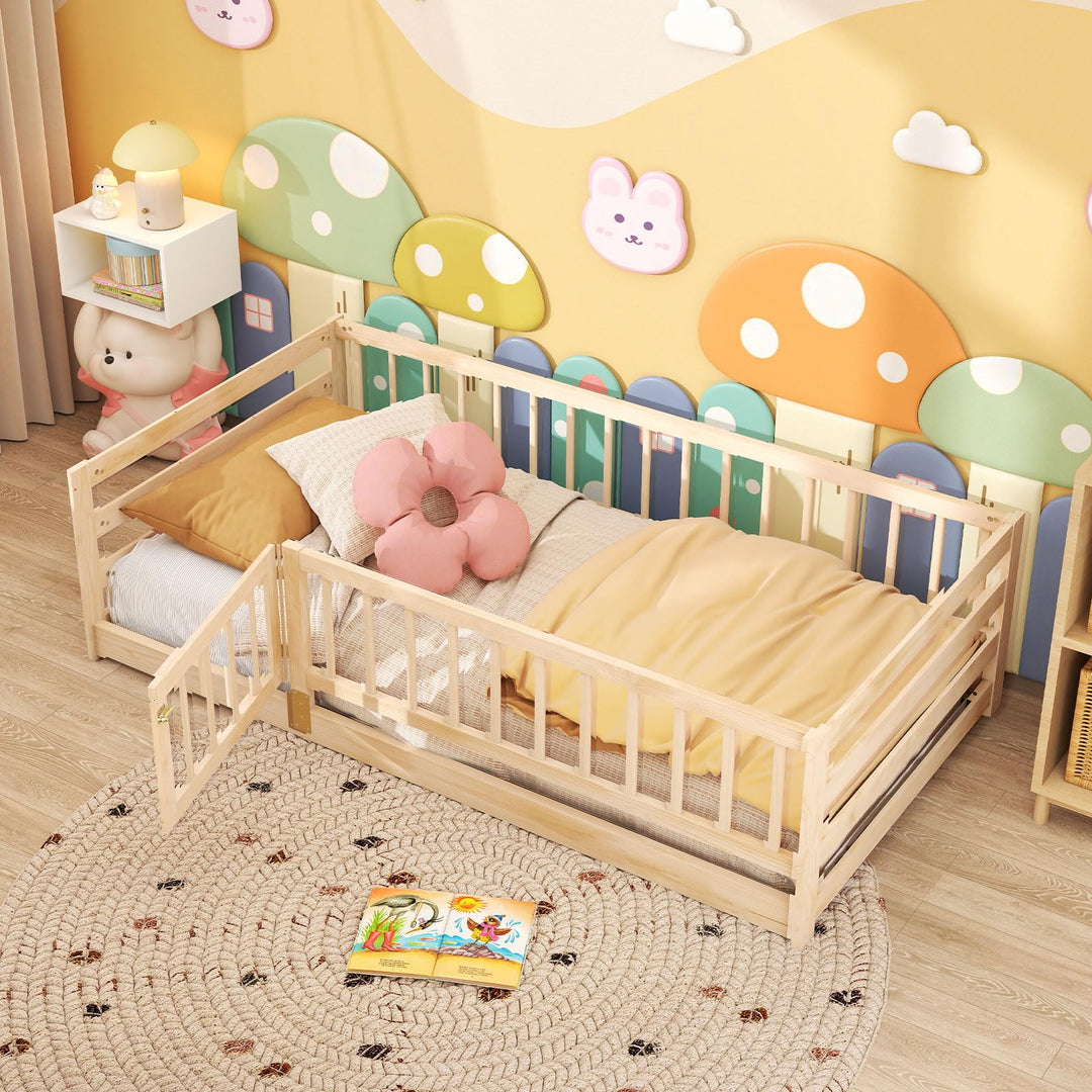 Giantex Twin Floor Bed with High Fence & Door
