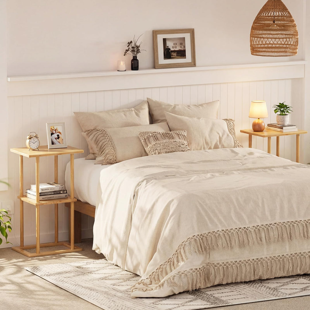 Giantex 2 Pieces Bamboo Side Table with Storage Shelves