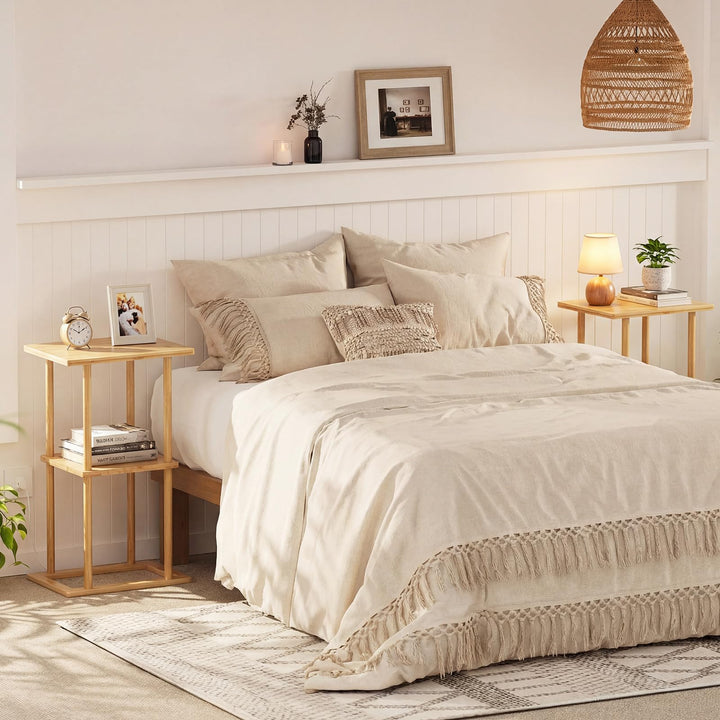 Giantex 2 Pieces Bamboo Side Table with Storage Shelves