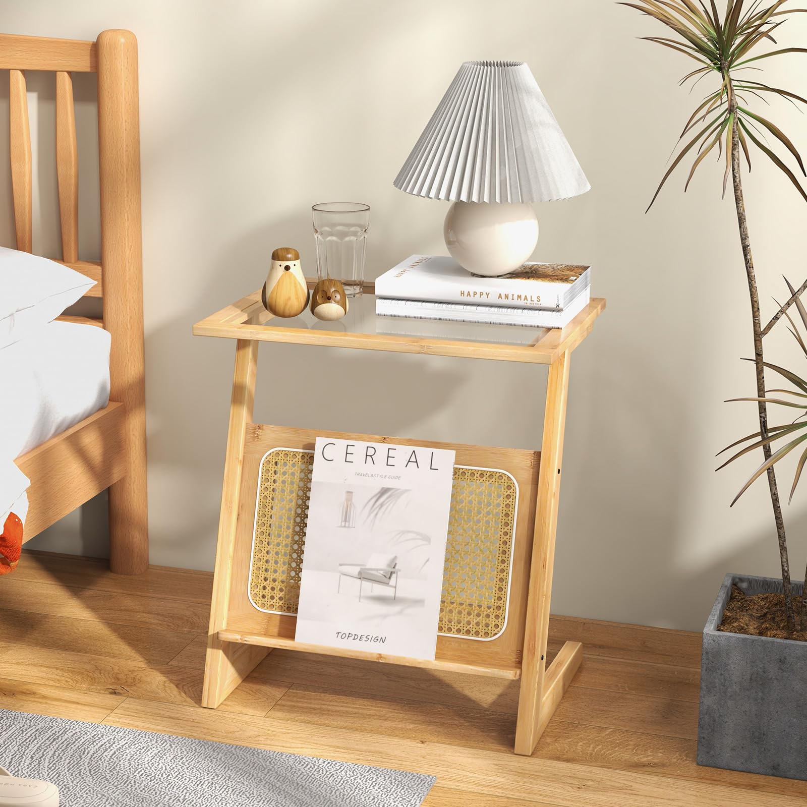 Giantex Rattan Side Table, Boho End Table with Glass Top & Magazine Rack, Z-Shaped Nightstand with Storage