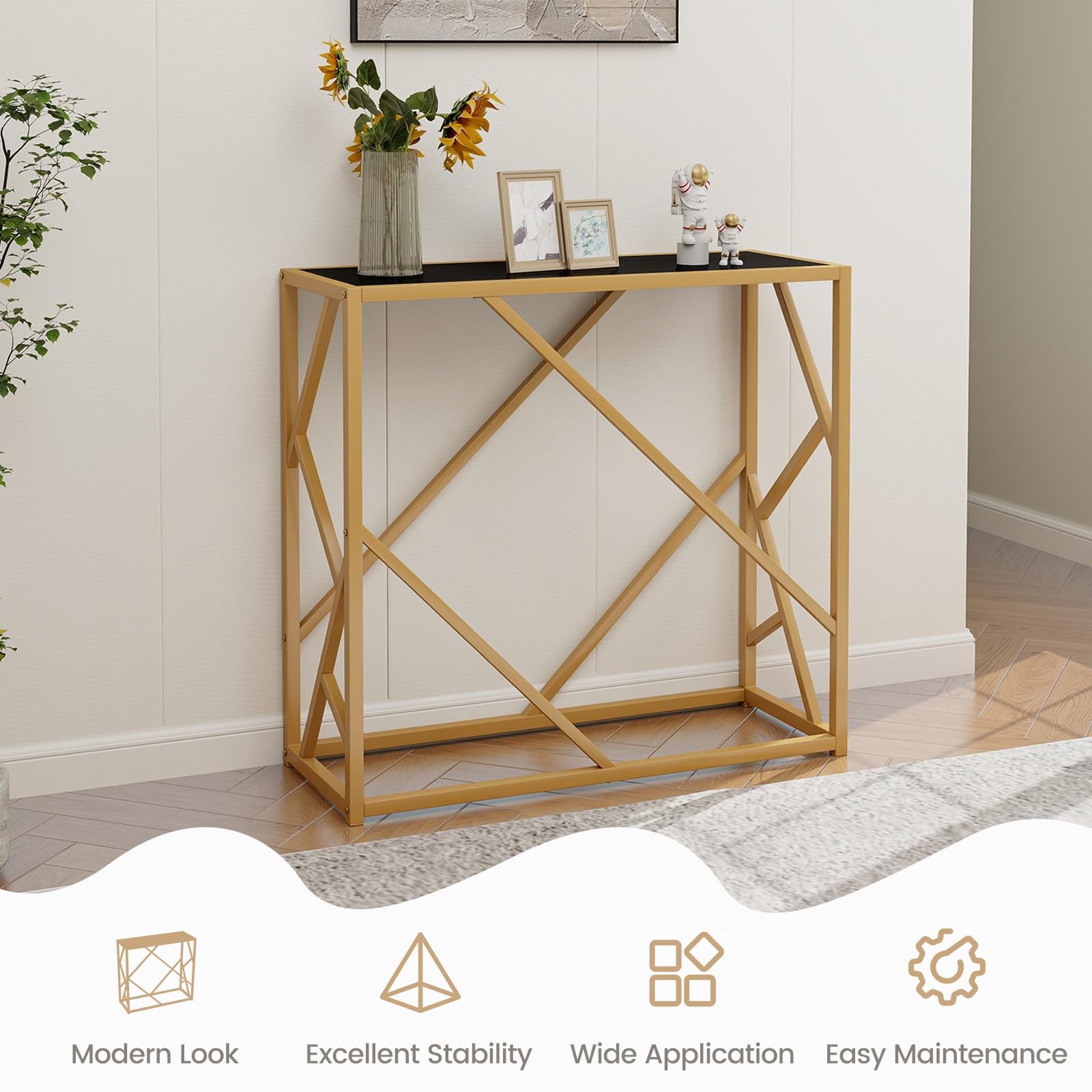 Giantex 31.5" Gold Entryway Console Table - Narrow Sofa Side Table w/Metal Frame & Tempered Glass Top