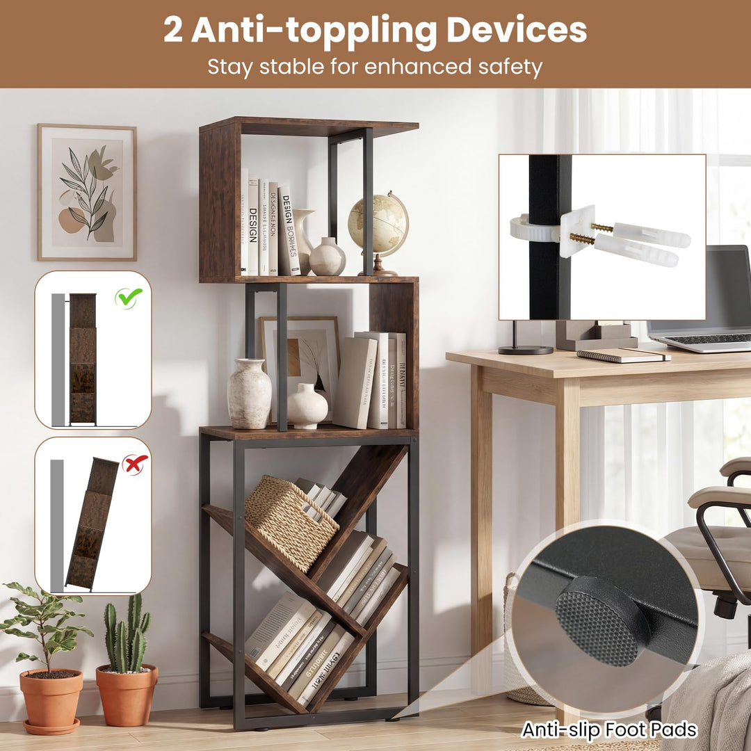 Giantex 6-Tier Bookshelf | Industrial S-Shaped Geometric Bookcase with Open Display Shelves