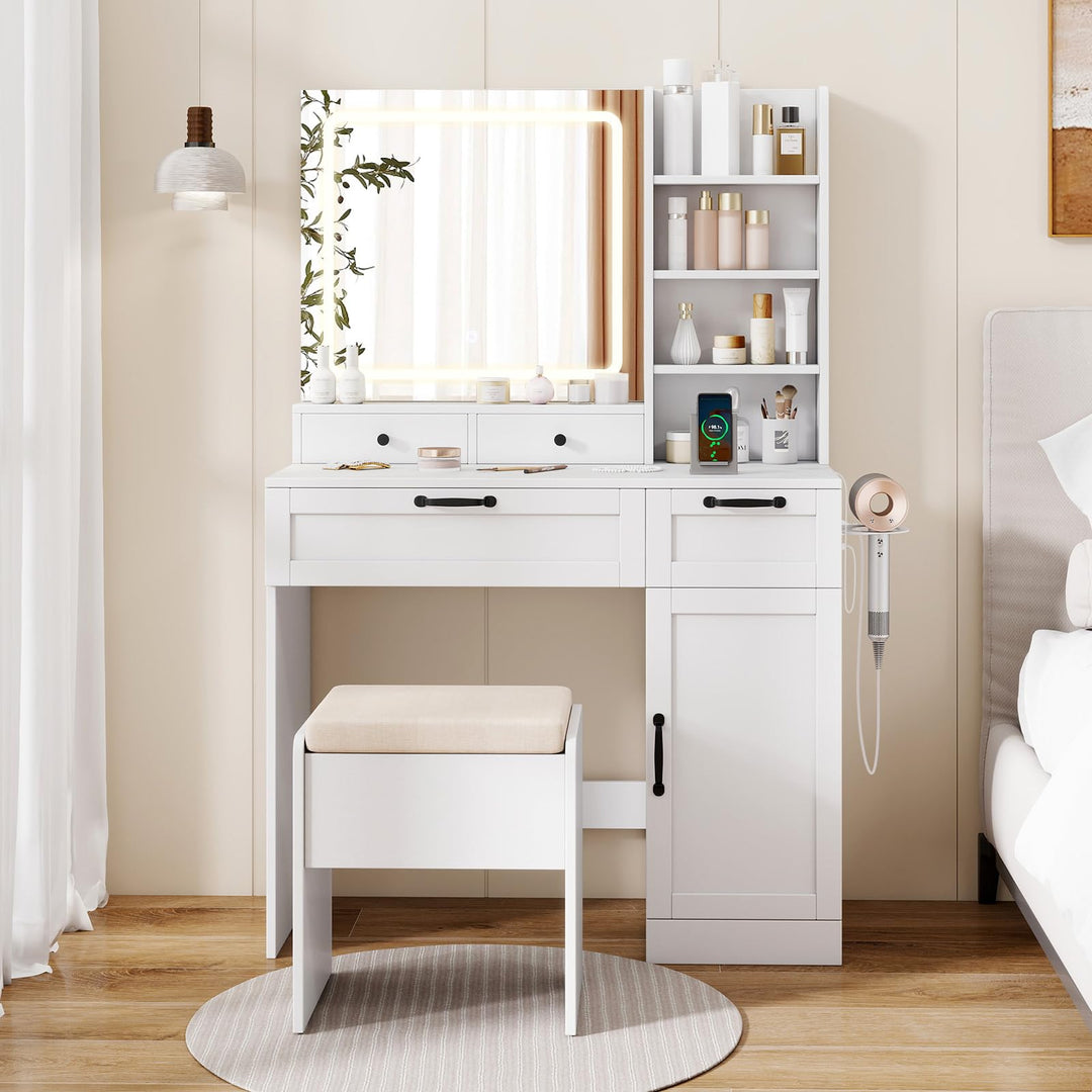 CHARMAID Vanity Desk with Lighted Mirror with Charging Station Storage Stool Drawers Shelves & Cabinet