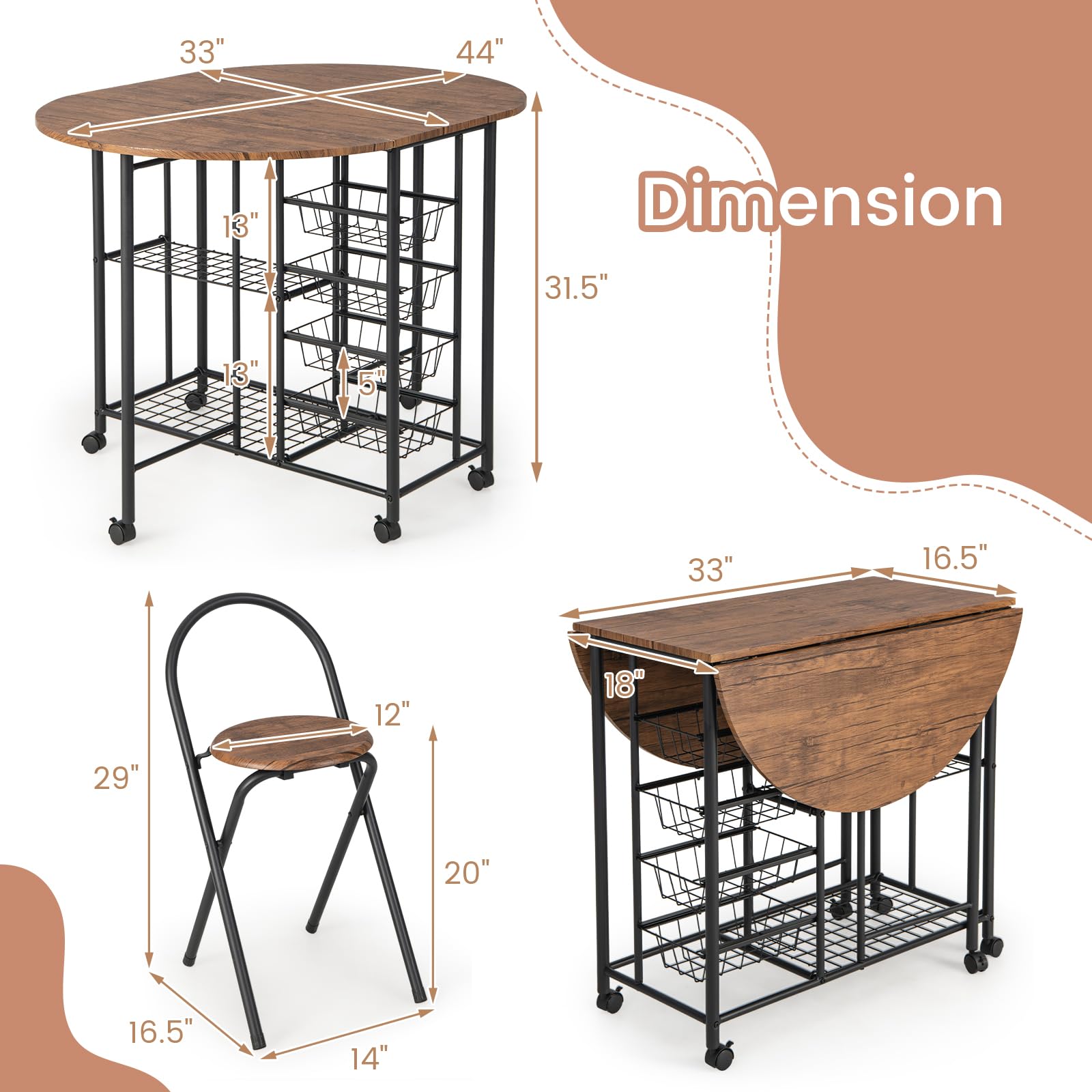 3PCS Folding Dining Table Set - Giantex