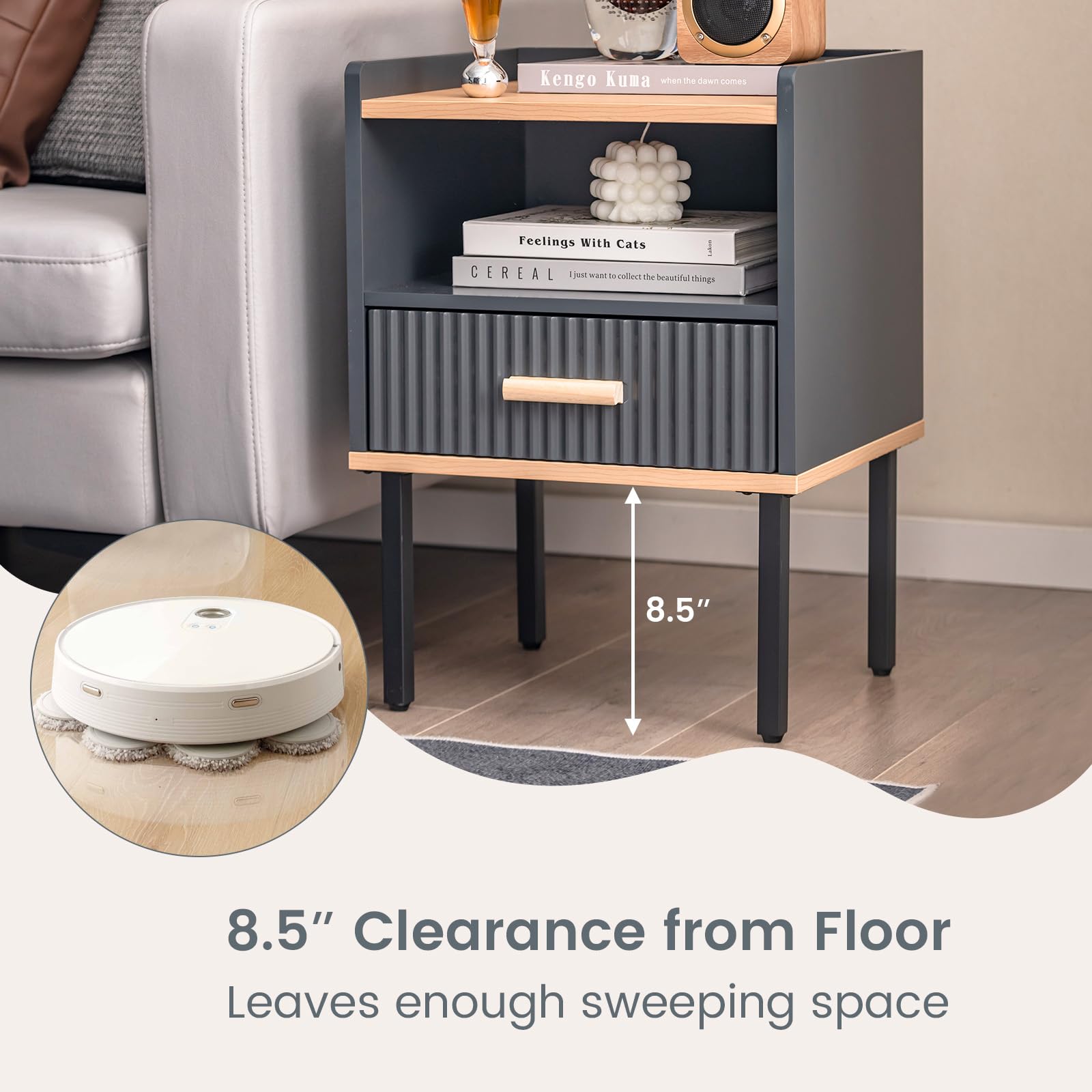 Giantex Modern Nightstand with Drawer - Bedside Table with Open Shelf, Gray