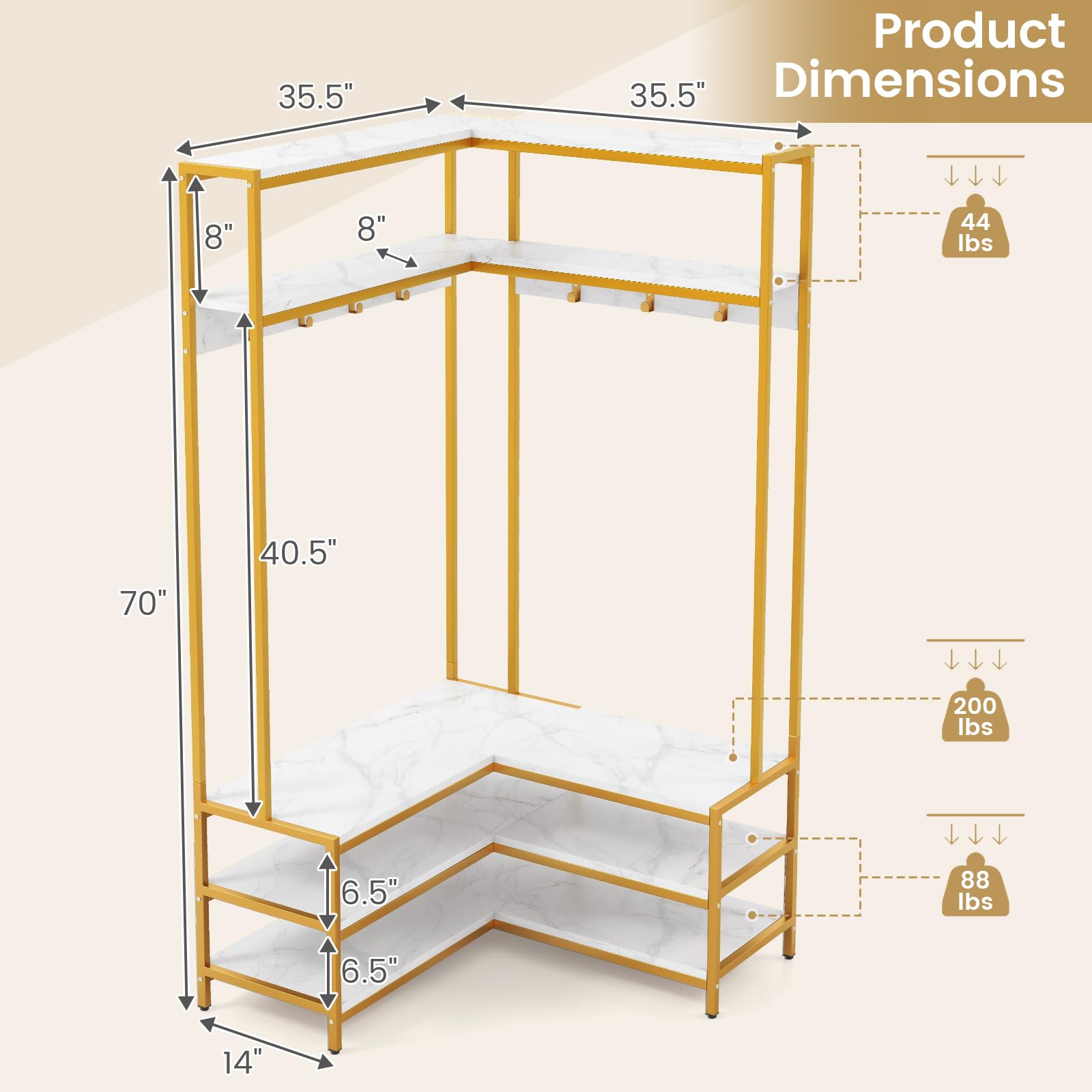 Giantex Corner Coat Rack with Shoe Bench, L-shaped Garment Rack with 5 Shelves & 7 Hooks