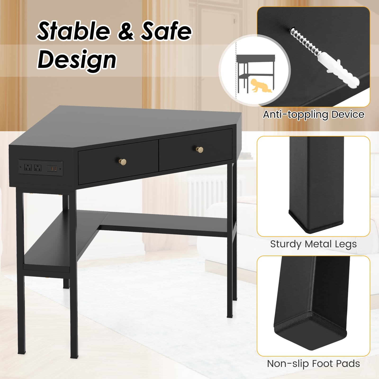 Giantex Corner Desk with Charging Station, 90 Degree Triangle Computer Desk with 2 Drawers & Storage Shelf