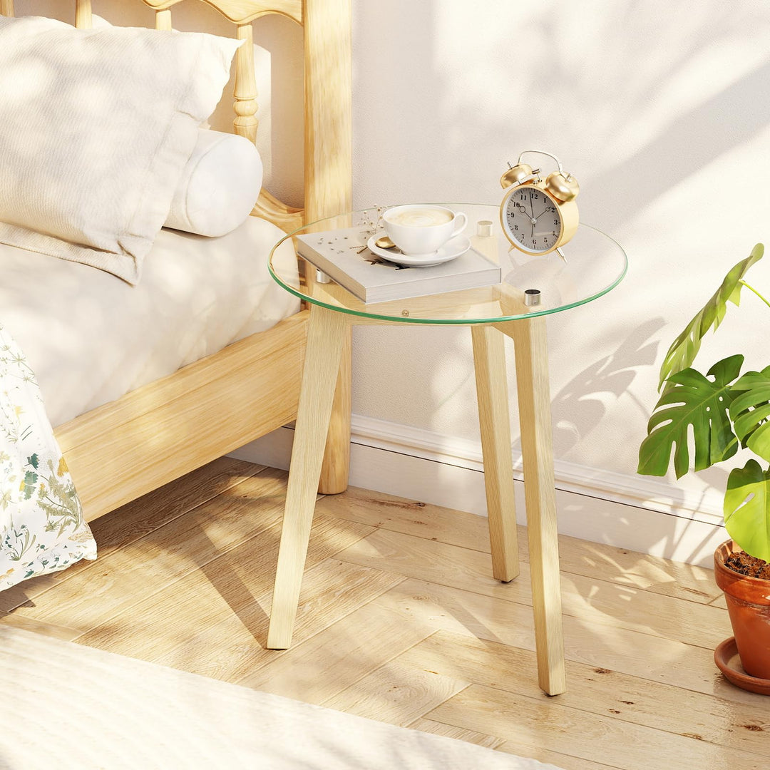 Giantex Glass Round Side Table w/Tempered Glass Top & Rubber Wood Frame