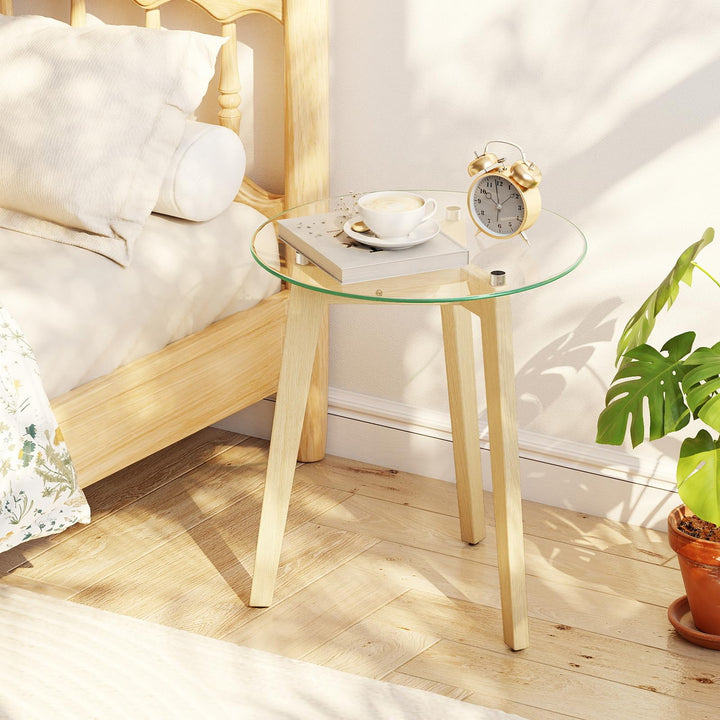 Giantex Glass Round Side Table w/Tempered Glass Top & Rubber Wood Frame