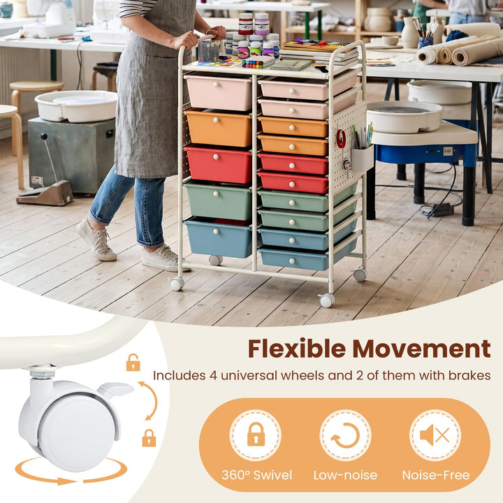 Giantex 15 Drawer Storage Cart | Rolling Craft Cart with Metal Tabletop &amp; Pegboard