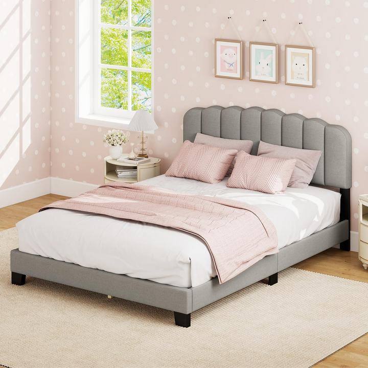 Giantex Queen Bed Frame Linen Upholstered Platform Bed with Adjustable Scalloped Tufted Headboard