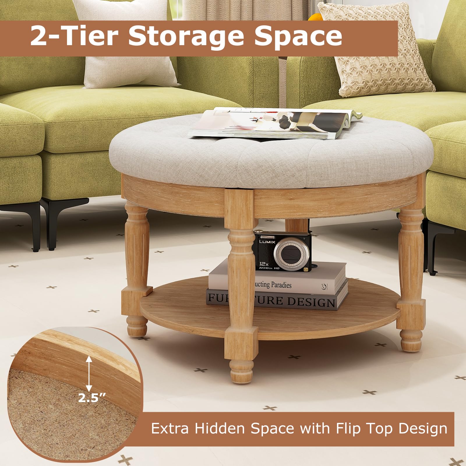 Giantex Large Ottoman Coffee Table - 29 inch Oversized Round Ottoman with Storage Shelf, Flip up Top, Wood Legs