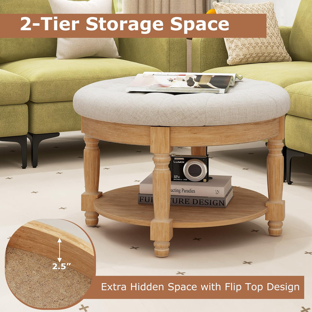 Giantex Large Ottoman Coffee Table - 29 inch Oversized Round Ottoman with Storage Shelf, Flip up Top, Wood Legs