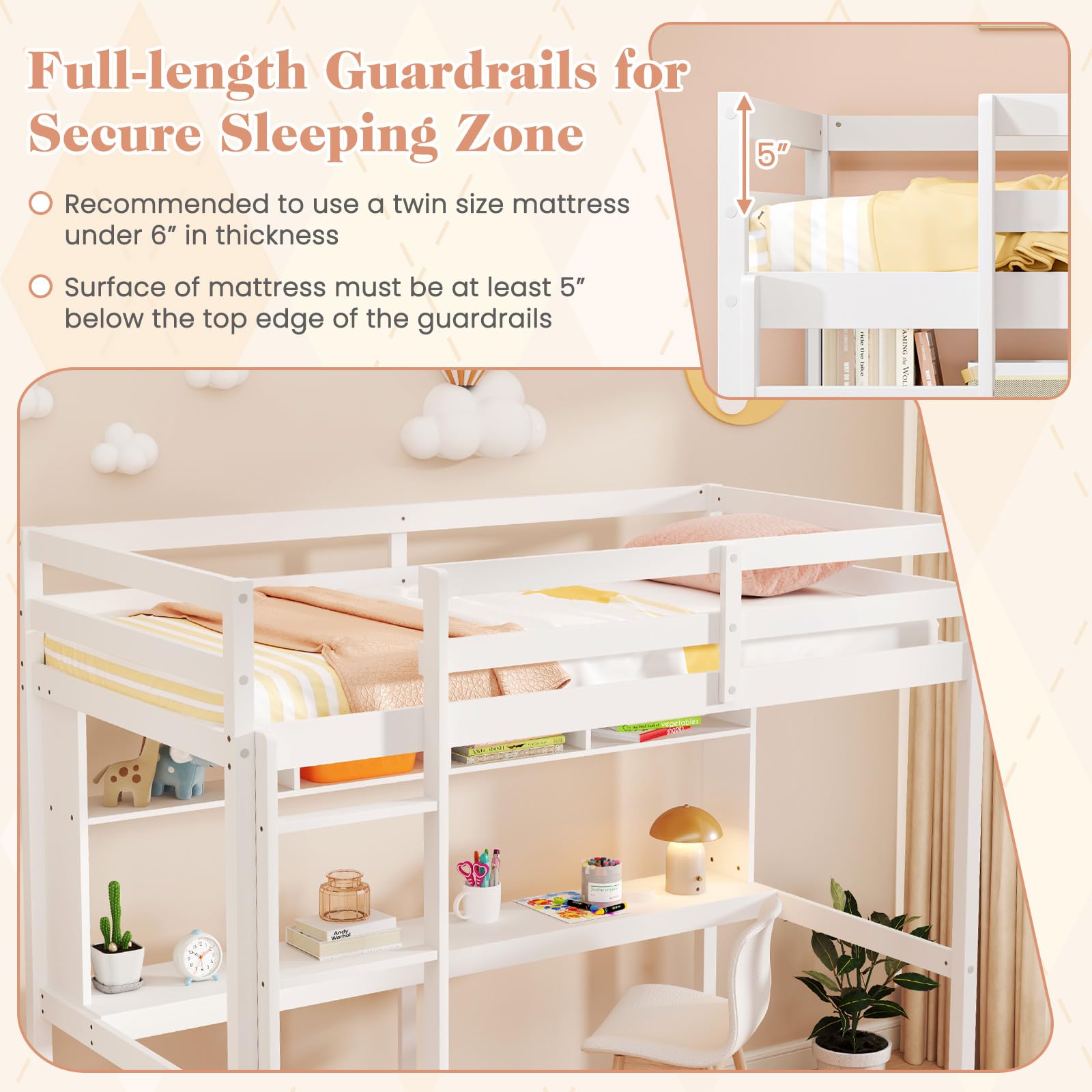 Giantex Solid Wood Twin Loft Bed with Desk and Bookcase