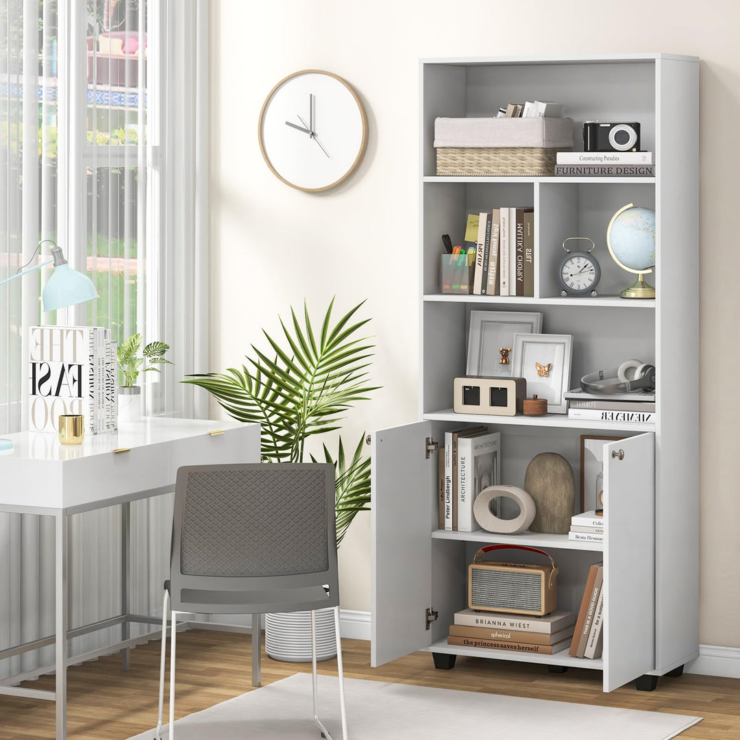 Giantex 66" Tall Bookcase with Doors, Wooden Bookshelf with Adjustable Shelf and 4 Storage Cubes