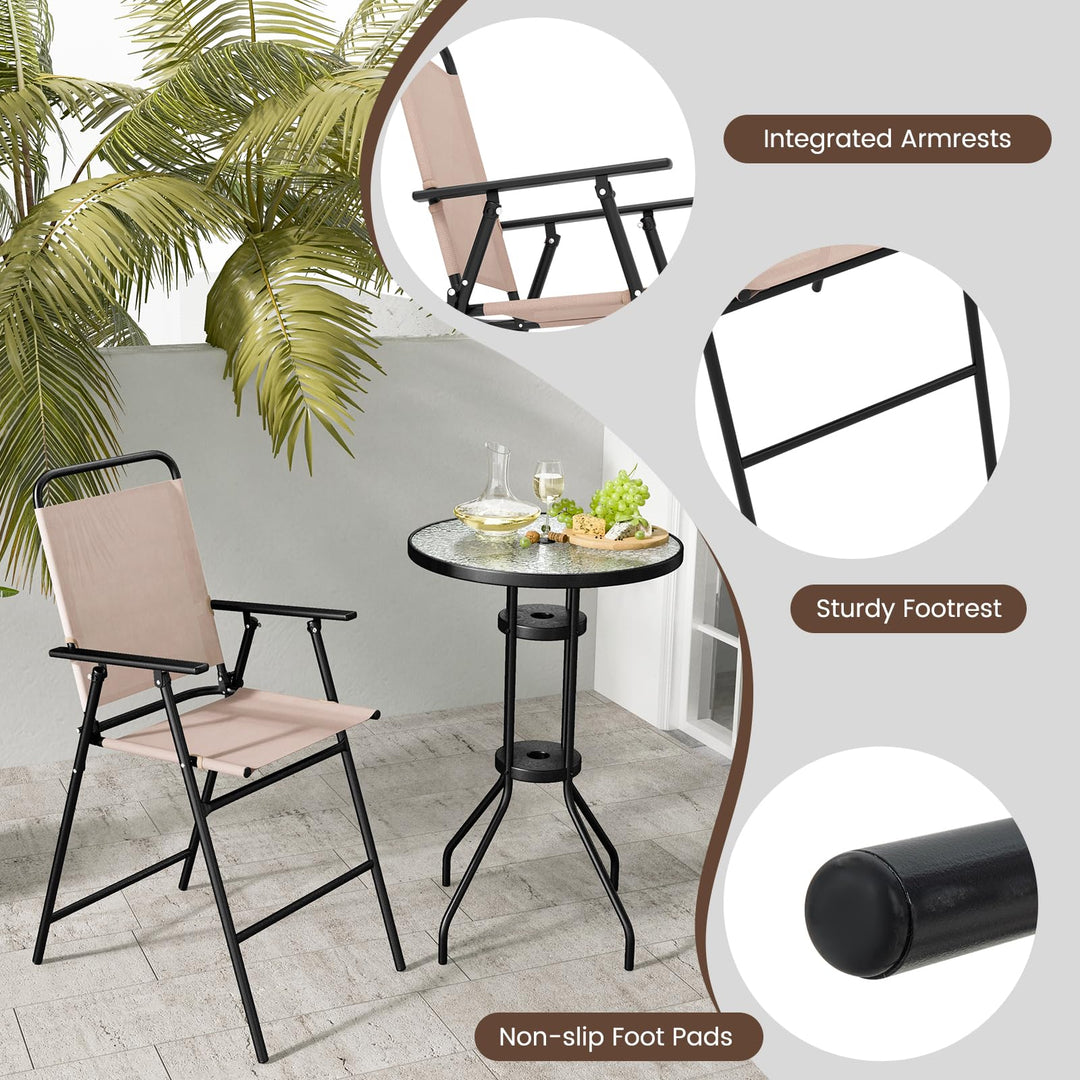 Giantex 3 PCS Outdoor Bistro Set, Patio Bar Table with 2 Folding Chairs