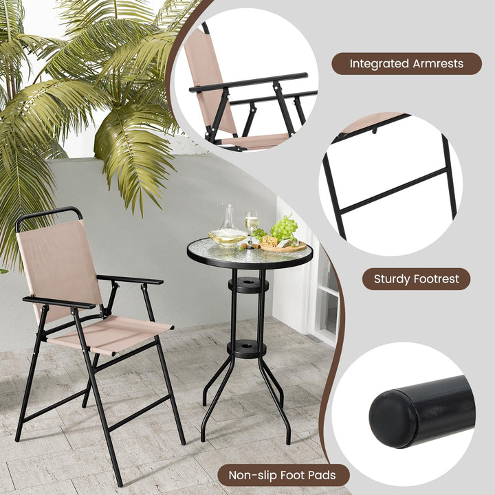 Giantex 3 PCS Outdoor Bistro Set, Patio Bar Table with 2 Folding Chairs
