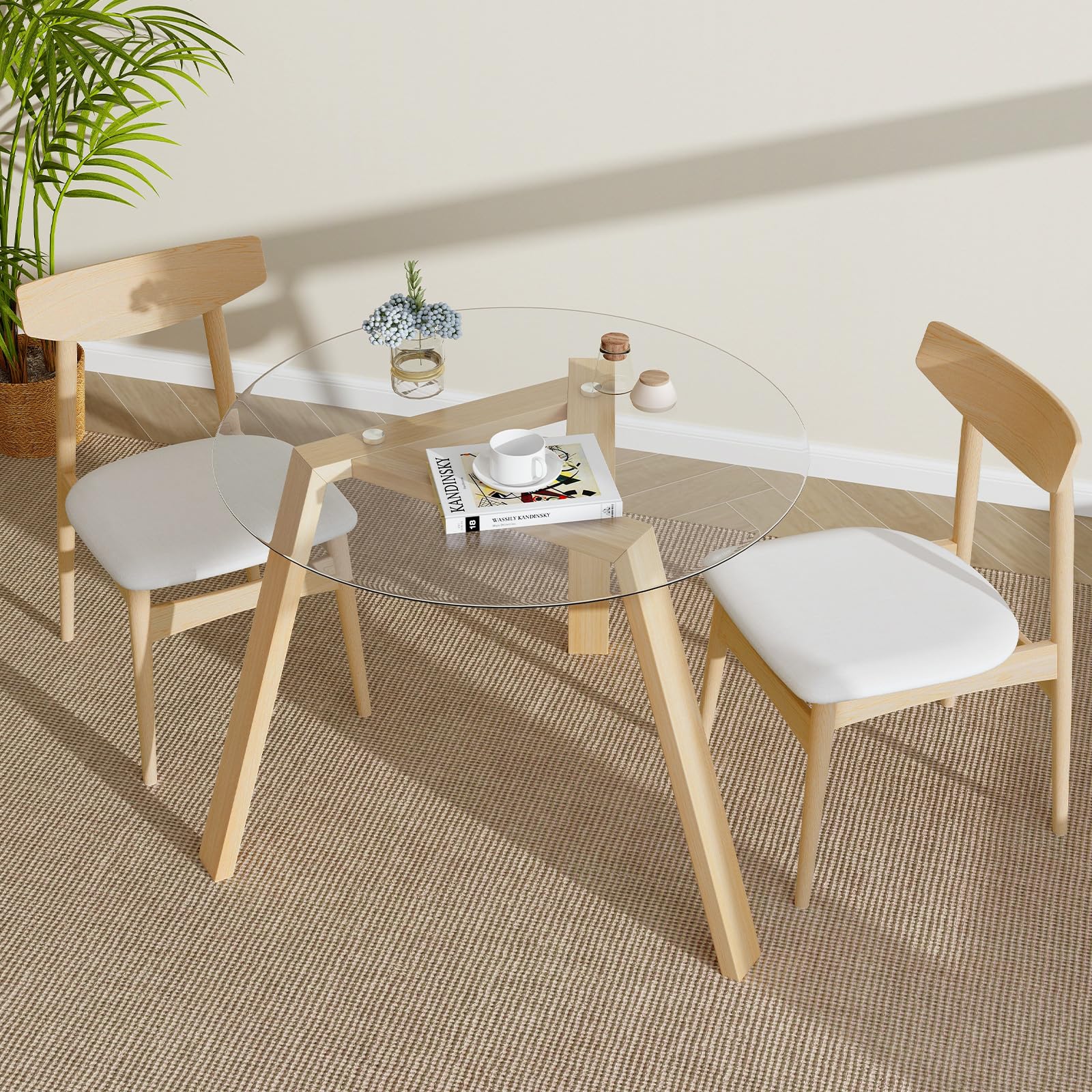 Giantex Round Glass Dining Table for 4 - Small Coffee Table with Rubber Wood Frame