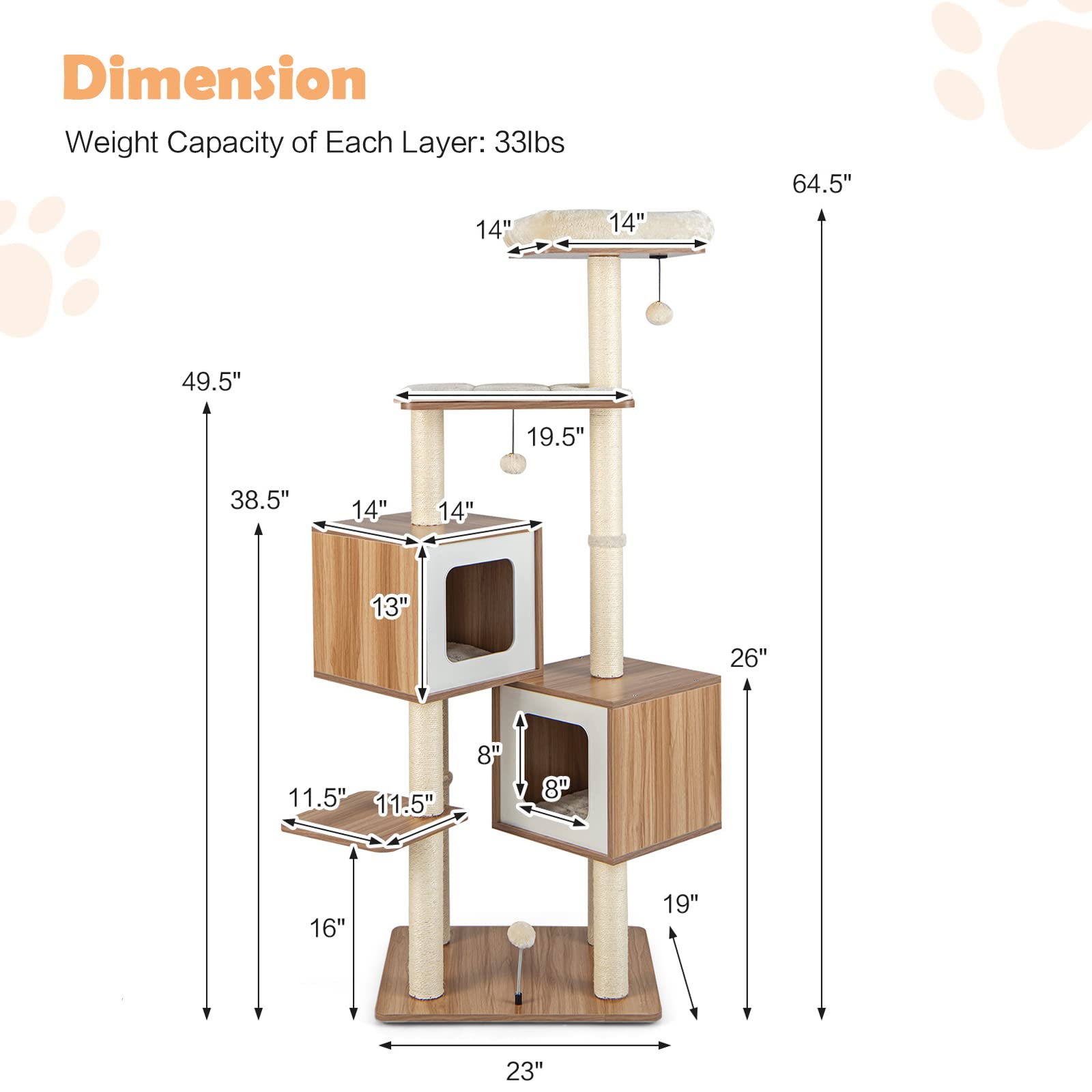 Giantex Multi-Layer Cat Tree, 64.5 inches Cat Tower with Natural Sisal Scratching Posts, 2 Condos, Padded Perch