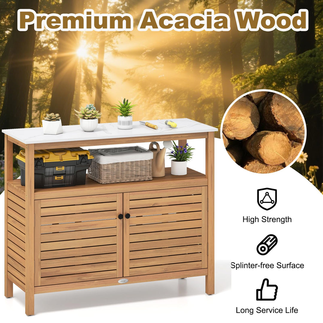 Giantex Outdoor Potting Bench Acacia Wood Large Planting Workstation with 2-Door Storage Cabinet