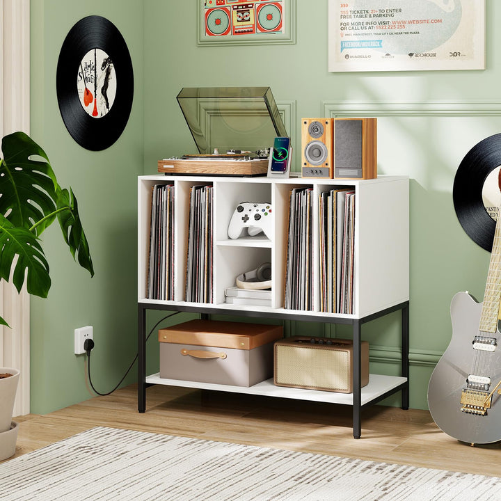 Giantex Record Player Stand with Charging Station Vinyl Record Storage for Music Living Room