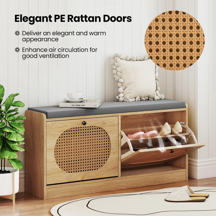 Giantex Rattan Shoe Storage Bench with 2 Flip Drawers & Padded Seat Cushion