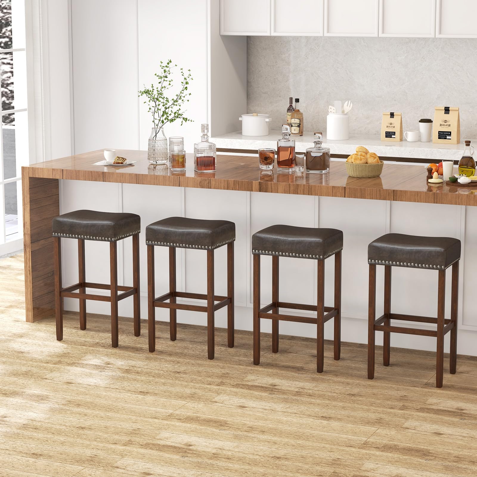 Giantex Bar Stools, Saddle-Shaped Kitchen Stools, PU Leather Bar Height Saddle Stools w/Footrests