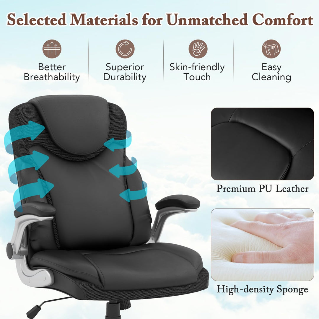 Giantex Executive Office Chair, PU Leather Ergonomic Desk Chair with Flip-up Armrests and Height Adjustable