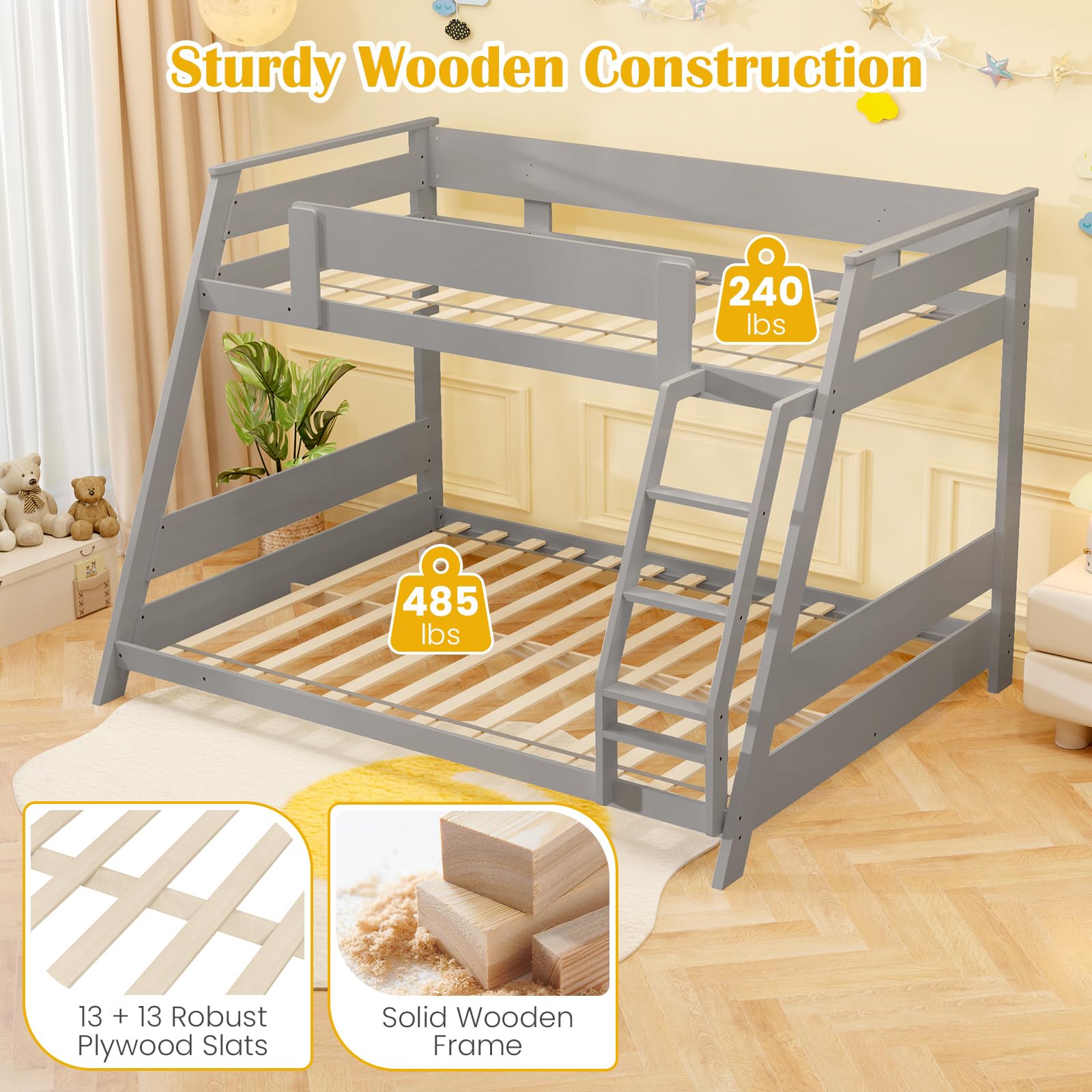 Giantex Wood Bunk Beds Twin Over Full Size, Solid Wood Floor Low Bunk Bed w/Removable Ladder