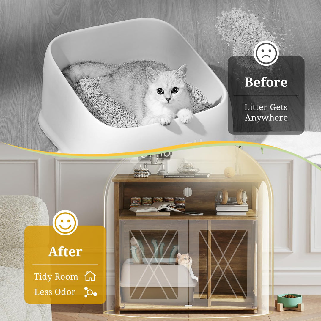 Giantex Cat Litter Box Enclosure - Litter Box Hidden Furniture with Barn Door, Inner Divider, Side Entry, Storage Shelf