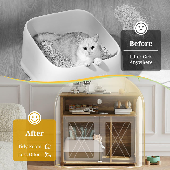 Giantex Cat Litter Box Enclosure - Litter Box Hidden Furniture with Barn Door, Inner Divider, Side Entry, Storage Shelf