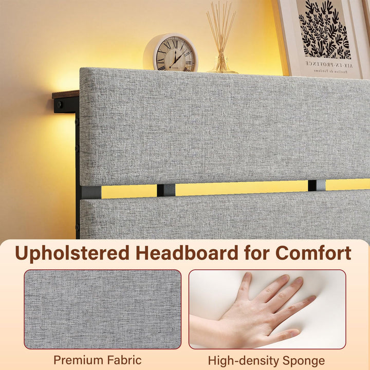 Full Size Metal Bed Frame with Upholstered Headboard &amp; Charging Station